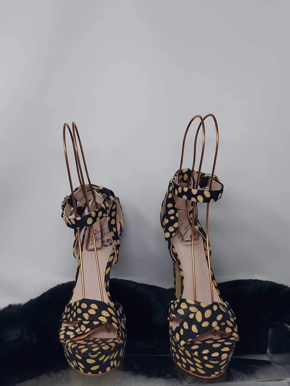 Colin Stuart Black Platform Sandals with Gold Dot Print